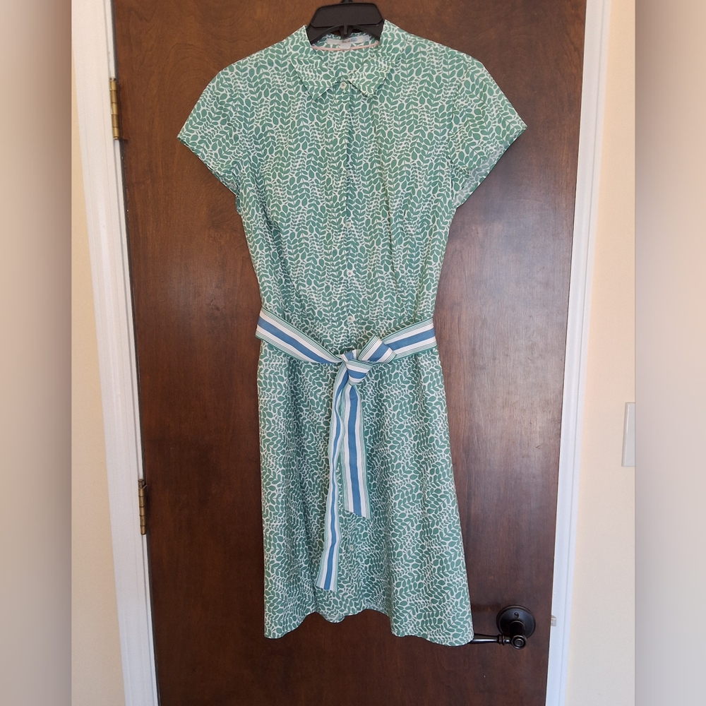 Boden, Green Cotton Patterned Dress with Cute Contrasting Belt Size 8